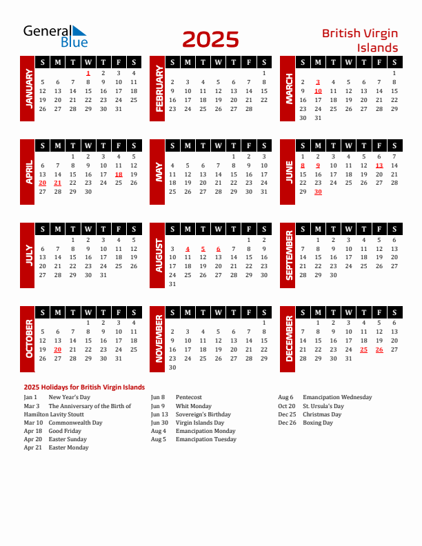 Download British Virgin Islands 2025 Calendar - Sunday Start
