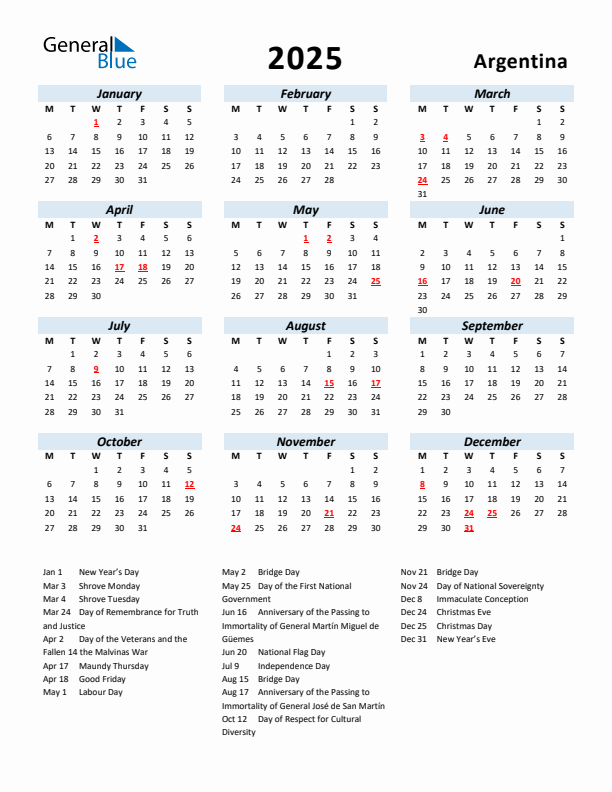 2025 Calendar for Argentina with Holidays