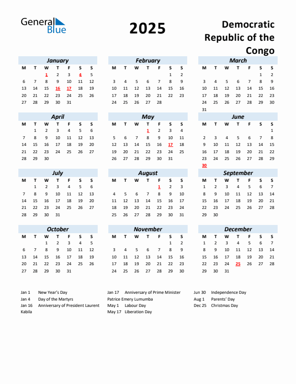 2025 Calendar for Democratic Republic of the Congo with Holidays