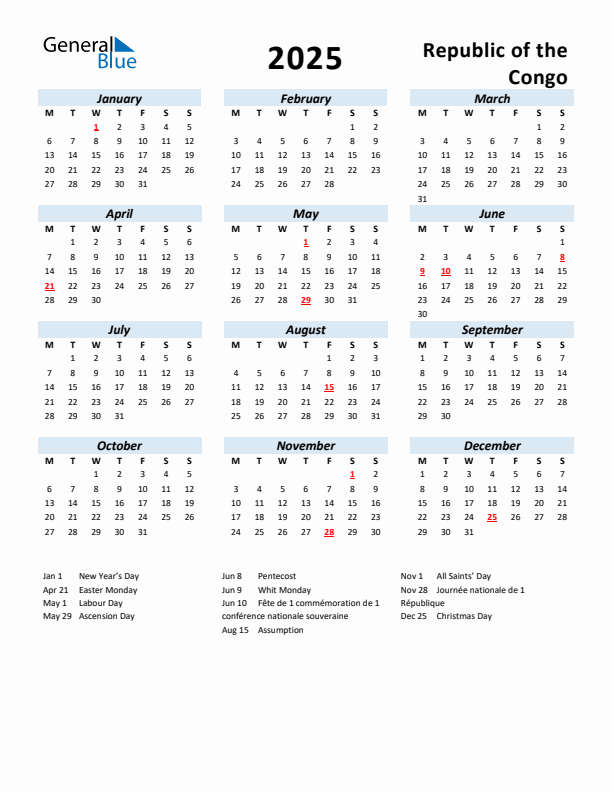2025 Calendar for Republic of the Congo with Holidays