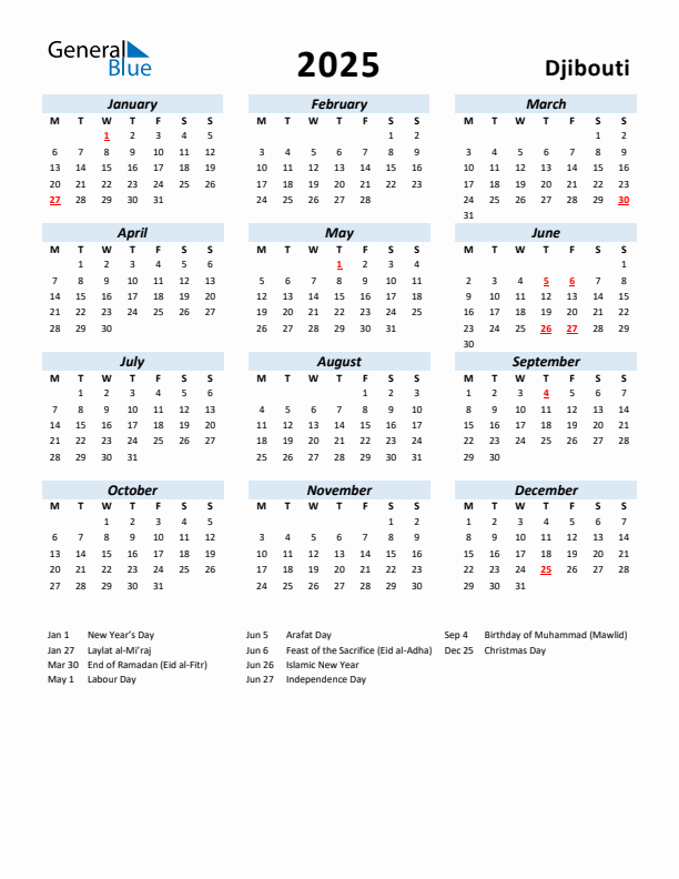 2025 Calendar for Djibouti with Holidays