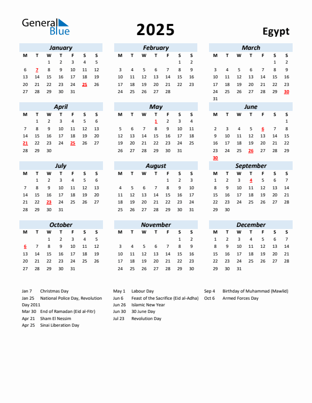 2025 Calendar for Egypt with Holidays