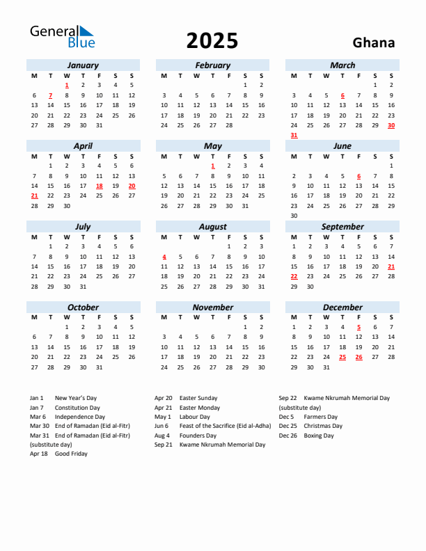 2025 Calendar for Ghana with Holidays