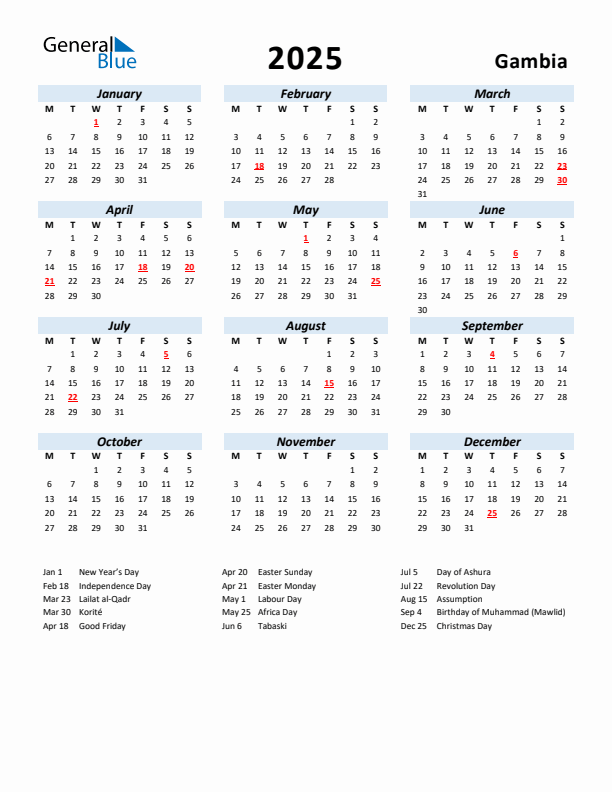 2025 Calendar for Gambia with Holidays
