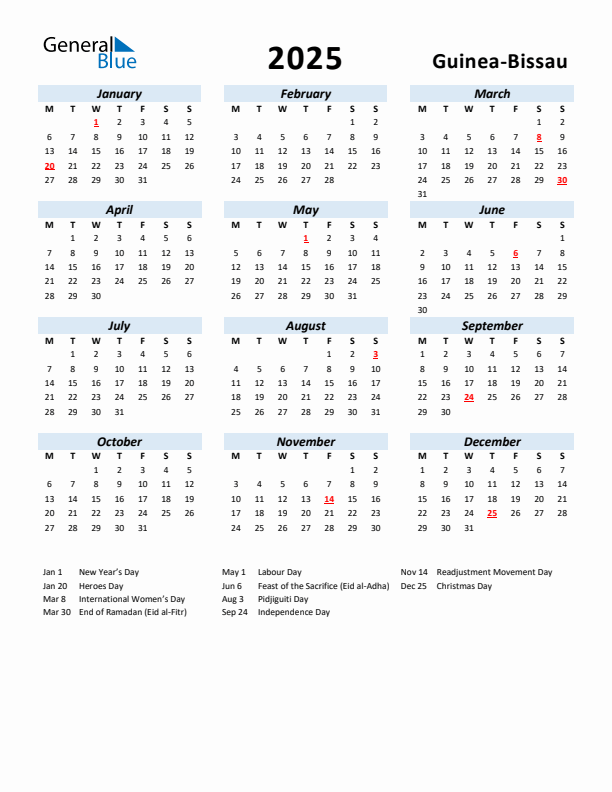 2025 Calendar for Guinea-Bissau with Holidays