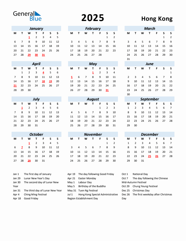 2025 Calendar for Hong Kong with Holidays