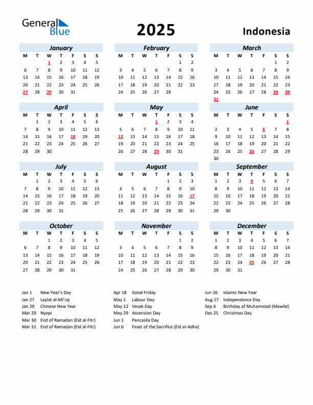2025 Calendar for Indonesia with Holidays