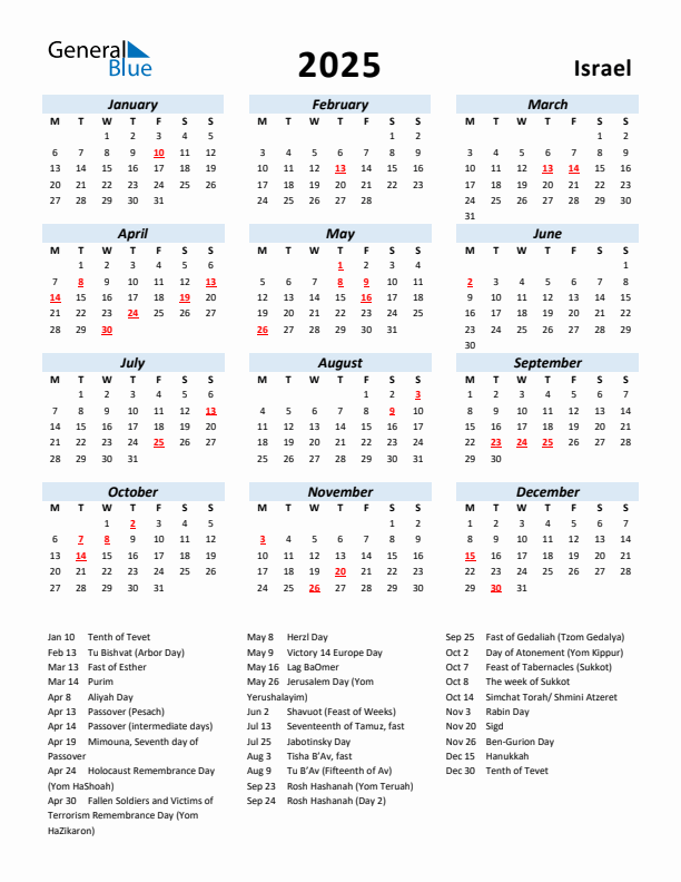 2025 Calendar for Israel with Holidays