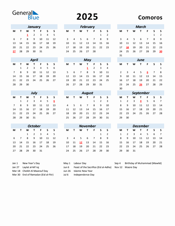 2025 Calendar for Comoros with Holidays
