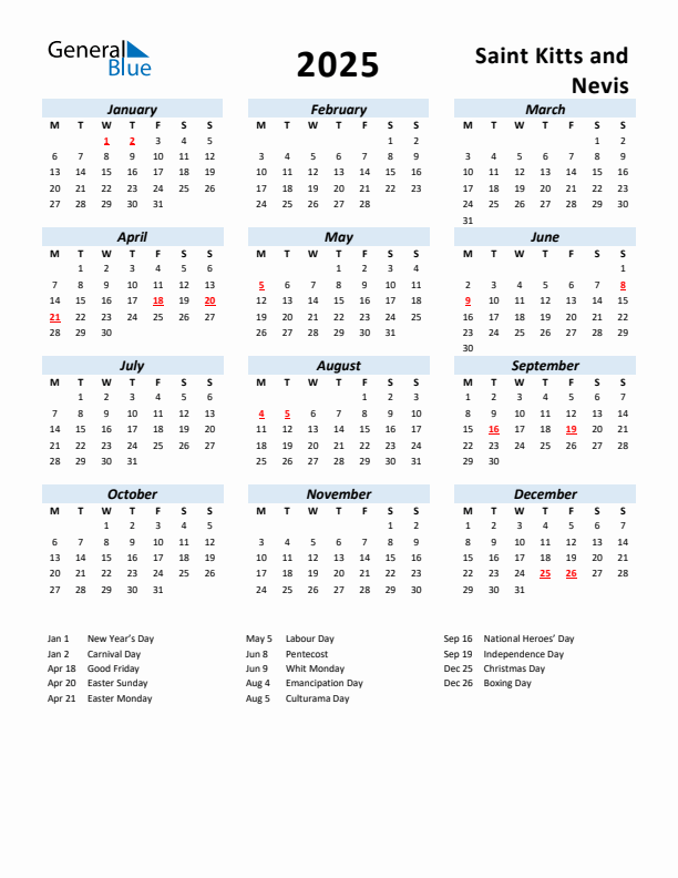 2025 Calendar for Saint Kitts and Nevis with Holidays