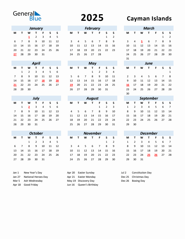 2025 Calendar for Cayman Islands with Holidays