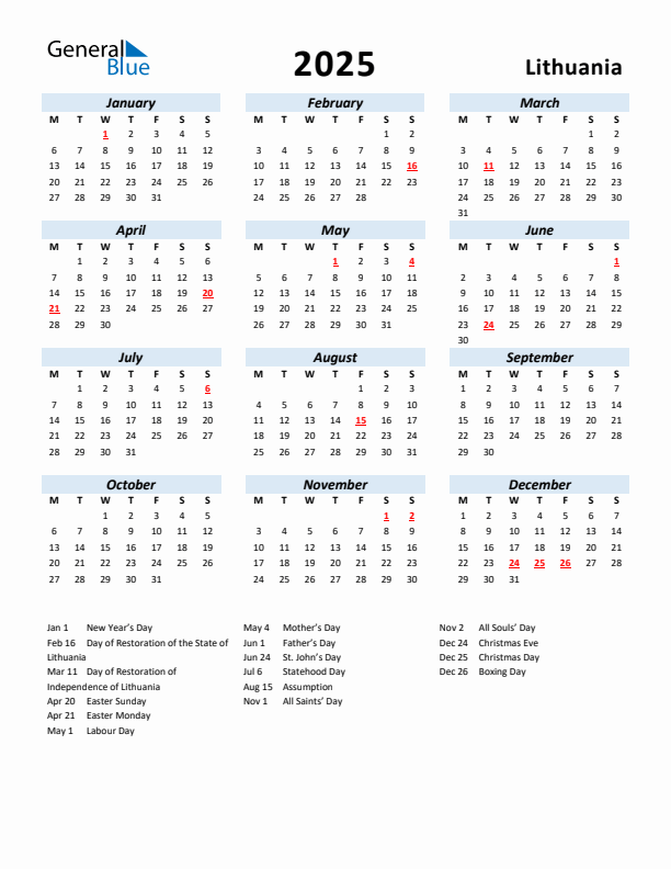 2025 Calendar for Lithuania with Holidays