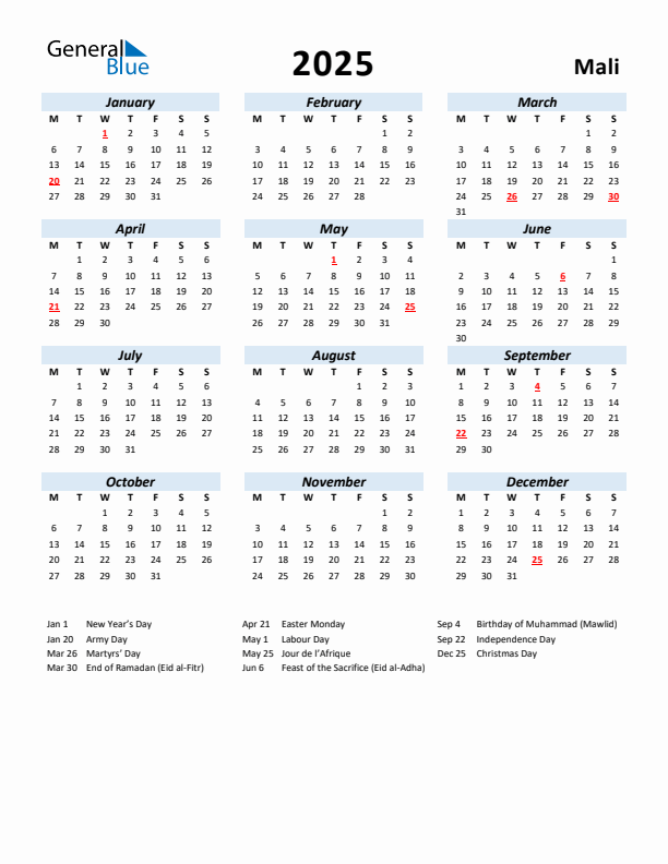 2025 Calendar for Mali with Holidays