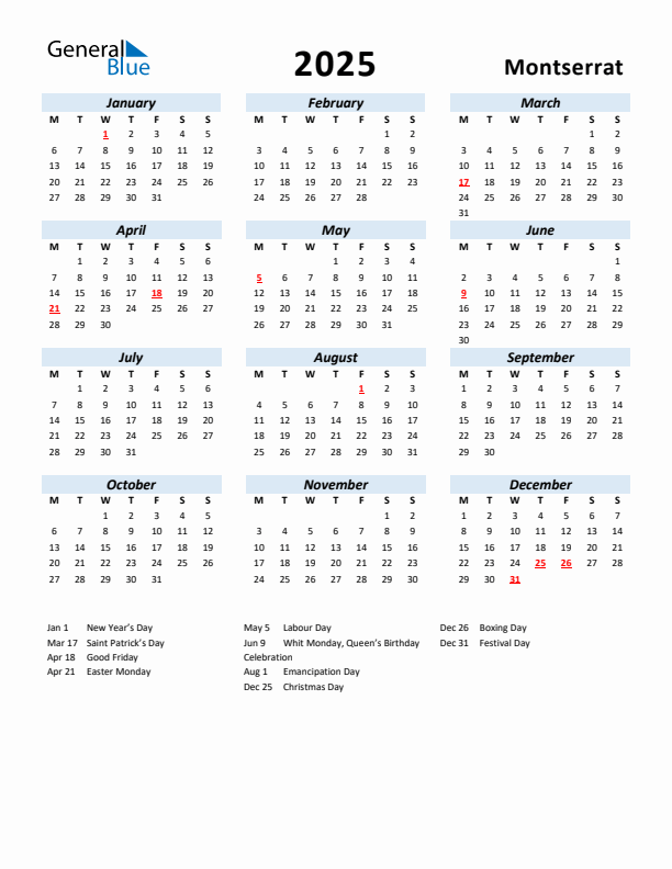 2025 Calendar for Montserrat with Holidays