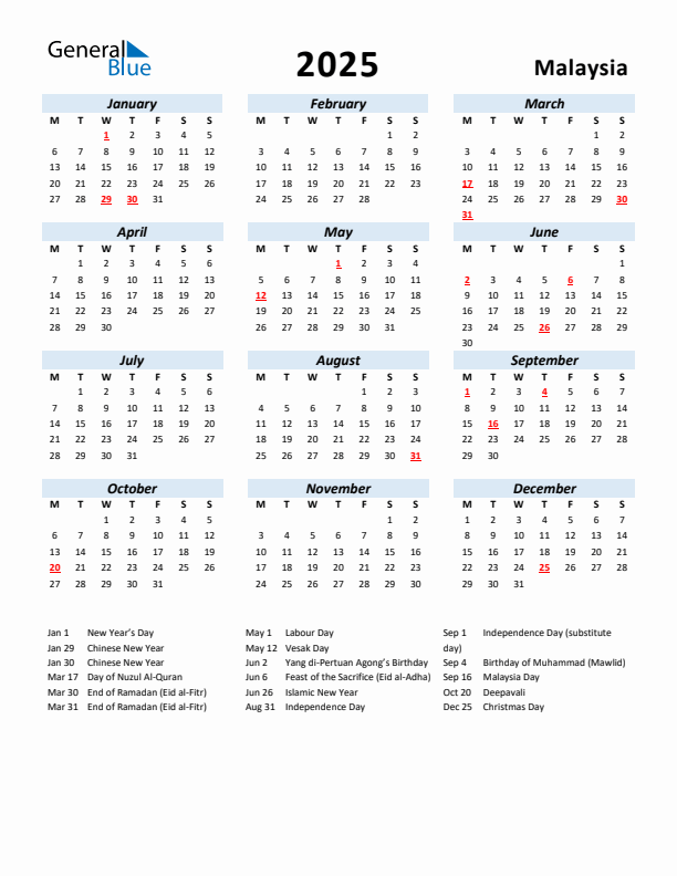 2025 Calendar for Malaysia with Holidays