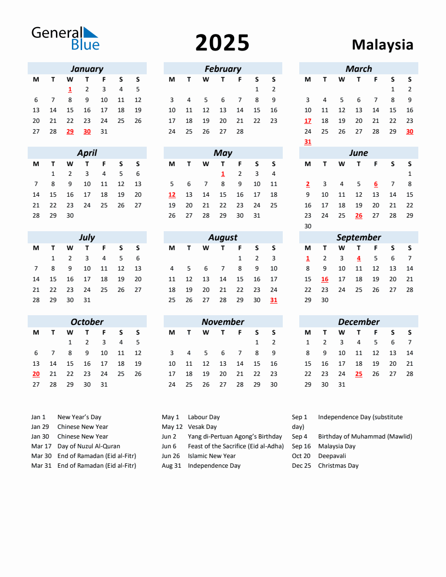 2025 Yearly Calendar for Malaysia with Holidays - Monday Start