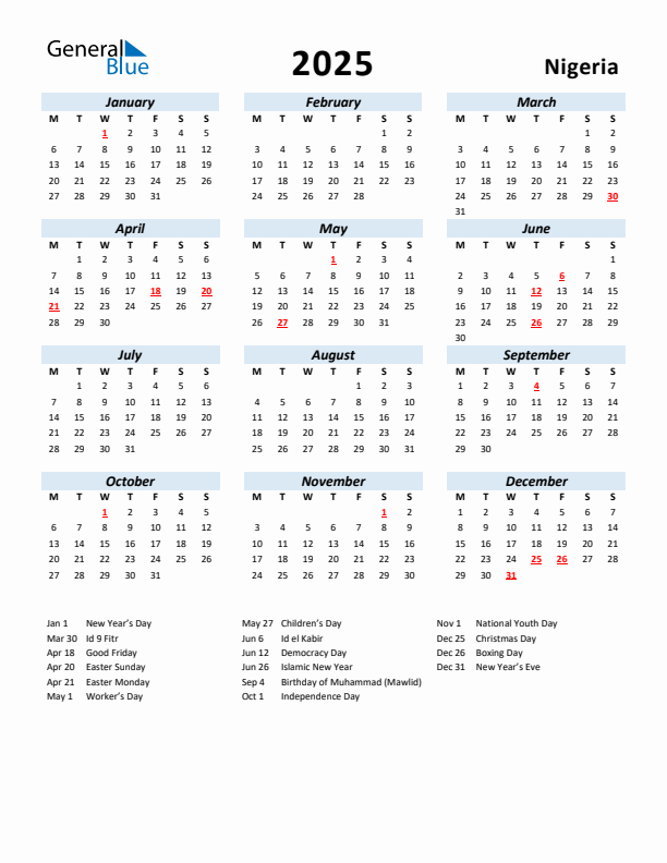 2025 Calendar for Nigeria with Holidays