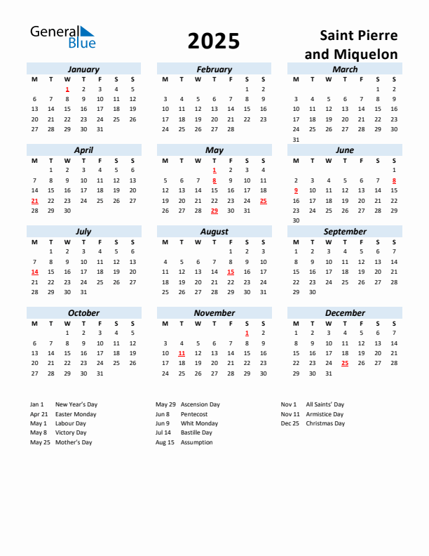 2025 Calendar for Saint Pierre and Miquelon with Holidays