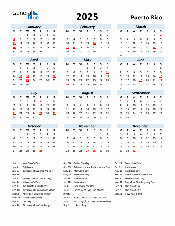 2025 Calendar for Puerto Rico with Holidays