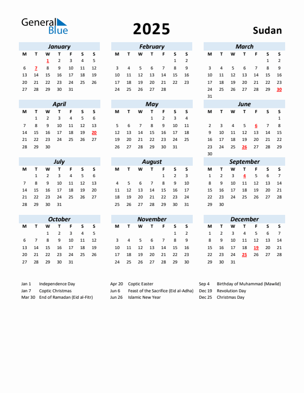 2025 Calendar for Sudan with Holidays