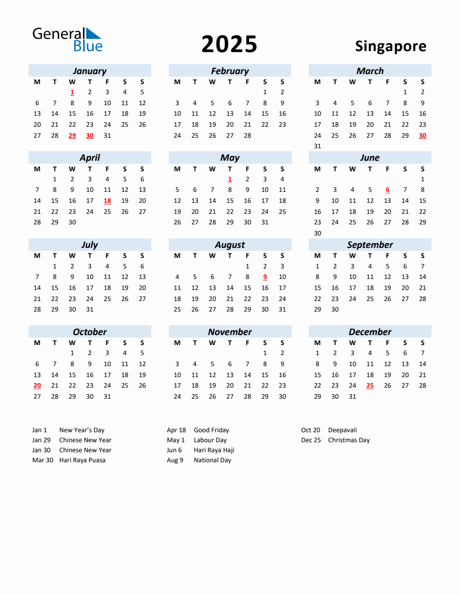2025 Yearly Calendar for Singapore with Holidays - Monday Start