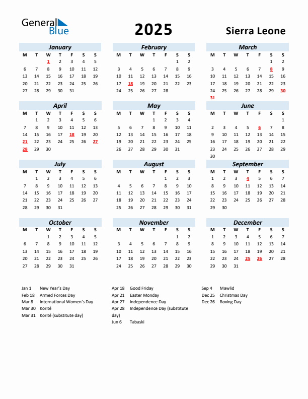 2025 Calendar for Sierra Leone with Holidays