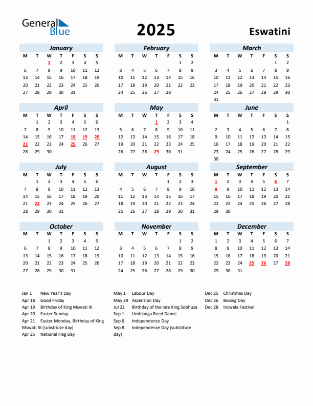 2025 Calendar for Eswatini with Holidays