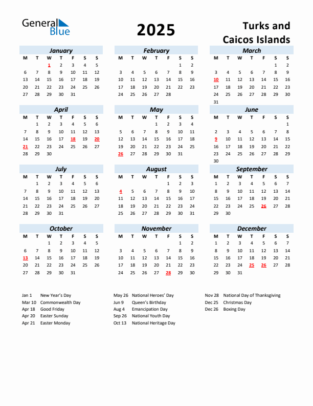 2025 Calendar for Turks and Caicos Islands with Holidays