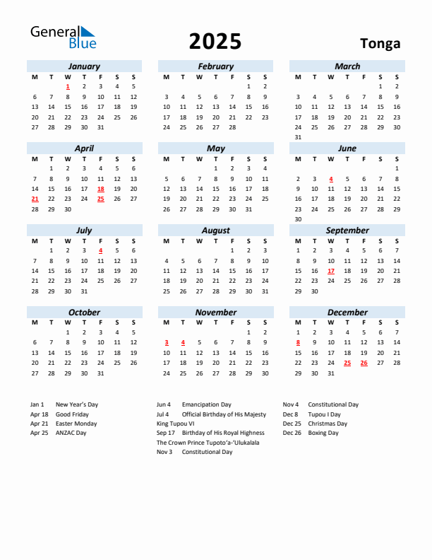 2025 Calendar for Tonga with Holidays