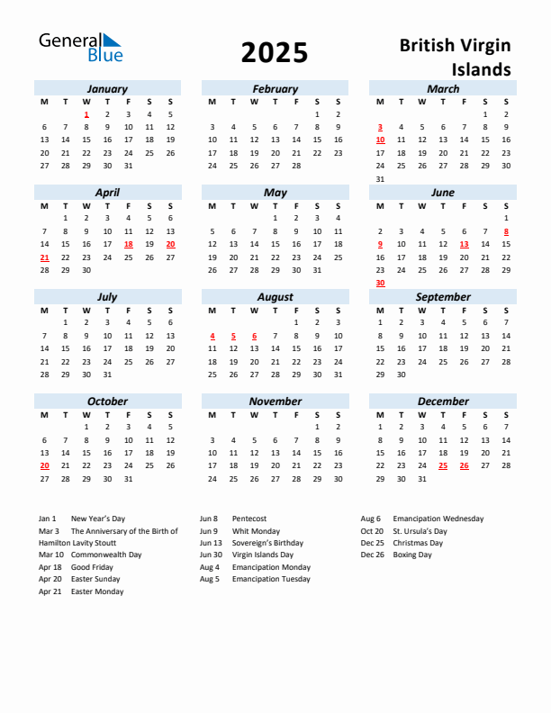 2025 Calendar for British Virgin Islands with Holidays