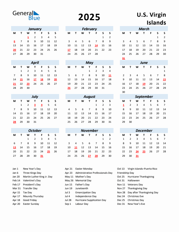 2025 Calendar for U.S. Virgin Islands with Holidays