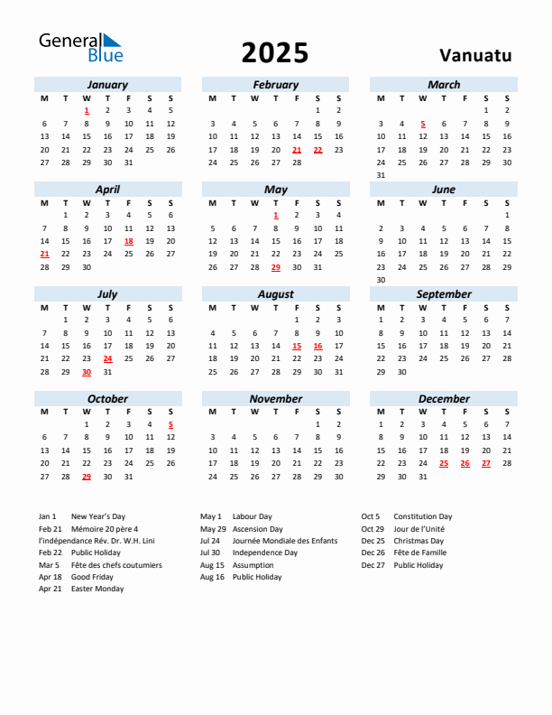 2025 Calendar for Vanuatu with Holidays