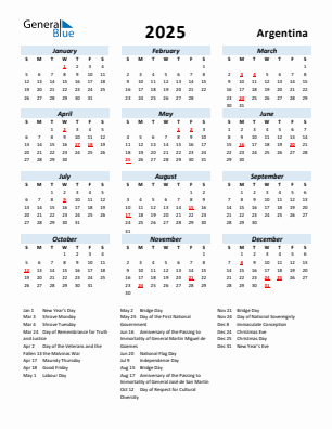 Argentina current year calendar 2025 with holidays