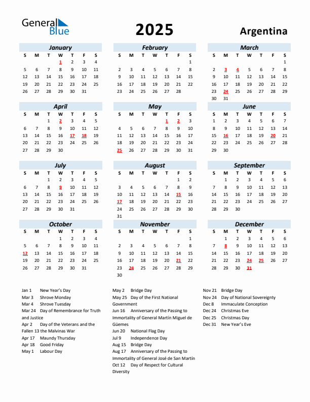 2025 Calendar for Argentina with Holidays