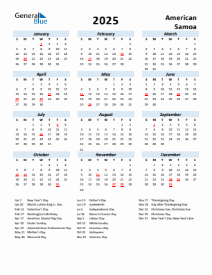 American Samoa current year calendar 2025 with holidays