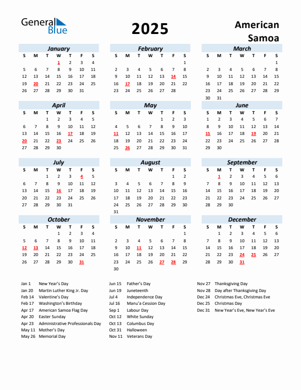 2025 Calendar for American Samoa with Holidays
