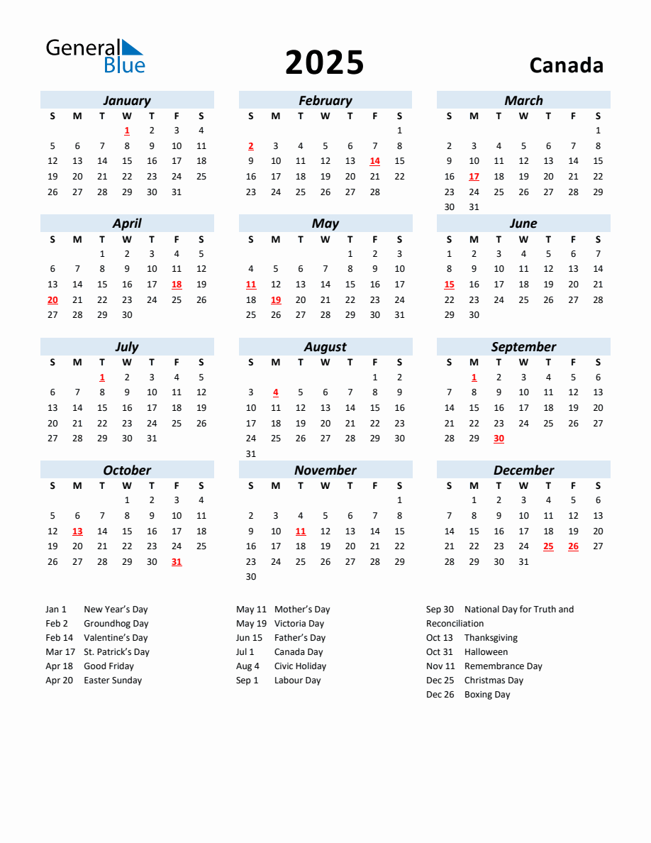 2025 Yearly Calendar for Canada with Holidays