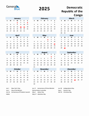 Democratic Republic of the Congo current year calendar 2025 with holidays