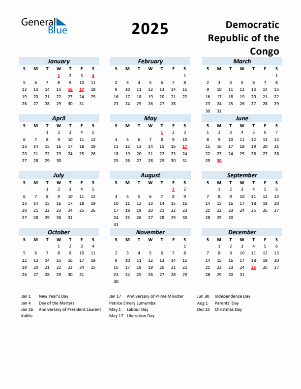 2025 Calendar for Democratic Republic of the Congo with Holidays
