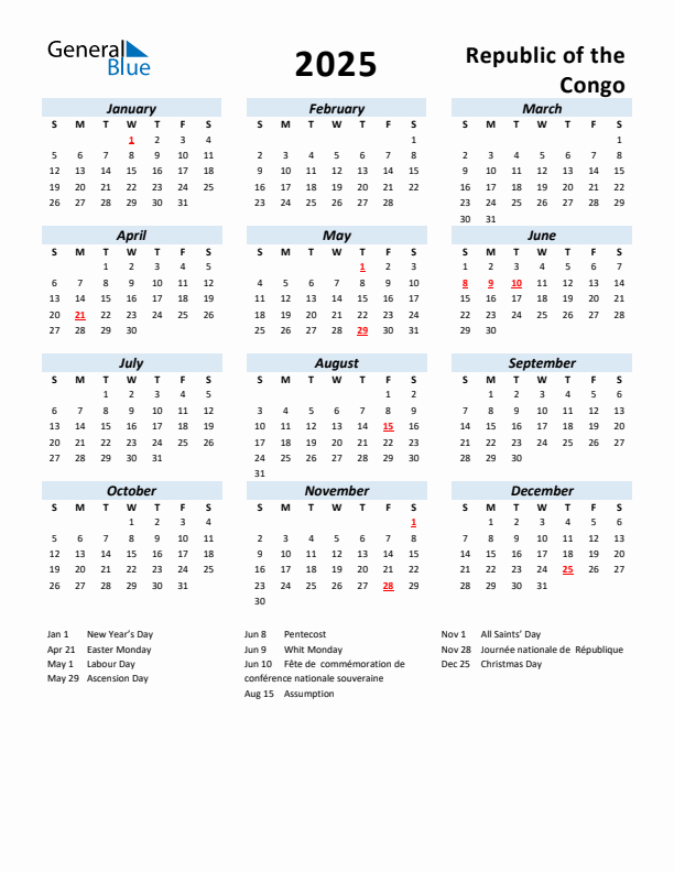 2025 Calendar for Republic of the Congo with Holidays