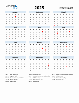 Ivory Coast current year calendar 2025 with holidays