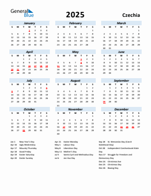 Czechia current year calendar 2025 with holidays