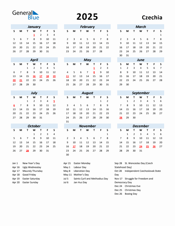 2025 Calendar for Czechia with Holidays