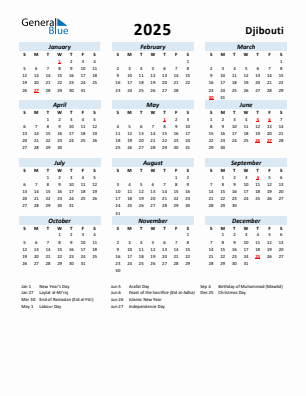 Djibouti current year calendar 2025 with holidays