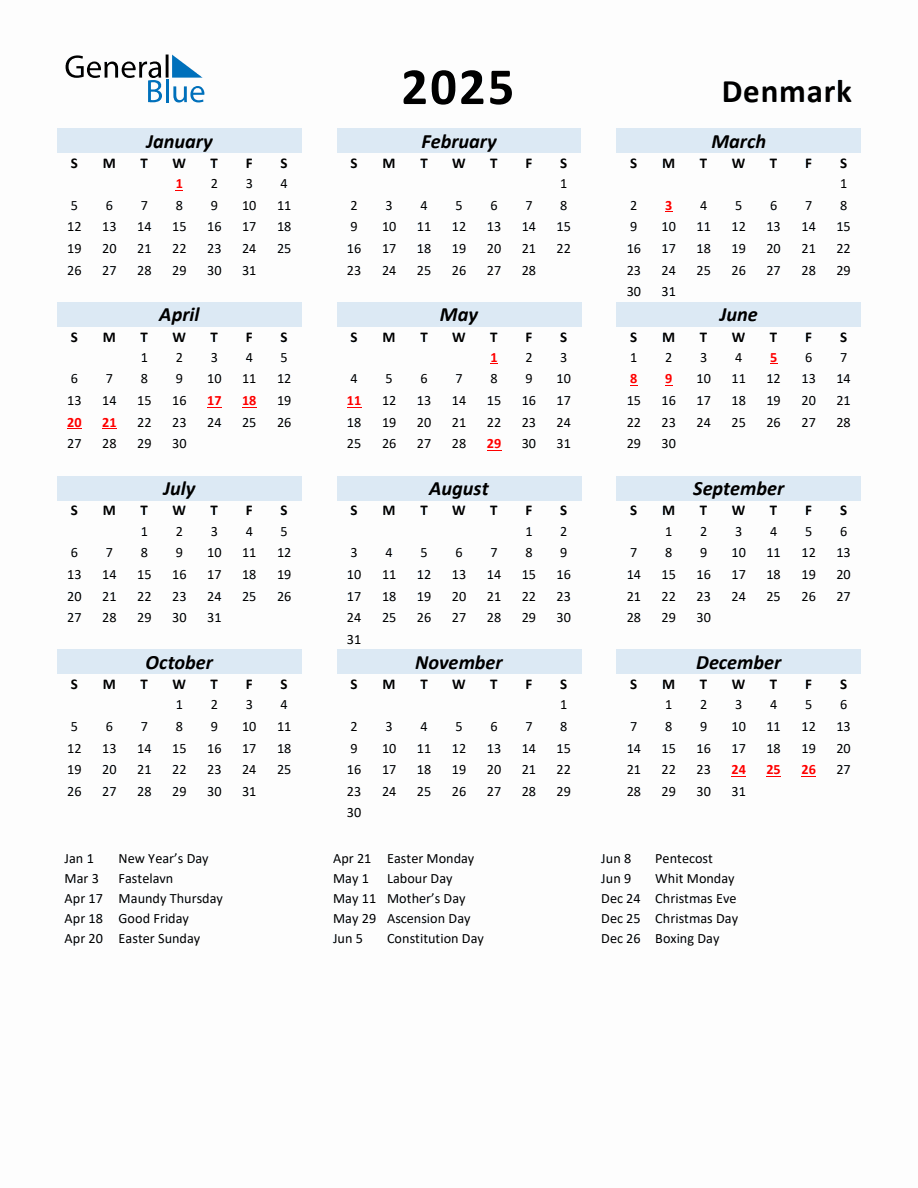 2025 Yearly Calendar for Denmark with Holidays