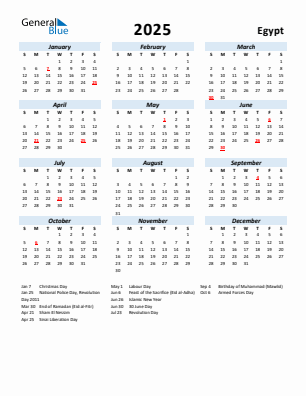 Egypt current year calendar 2025 with holidays