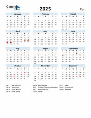 Fiji current year calendar 2025 with holidays