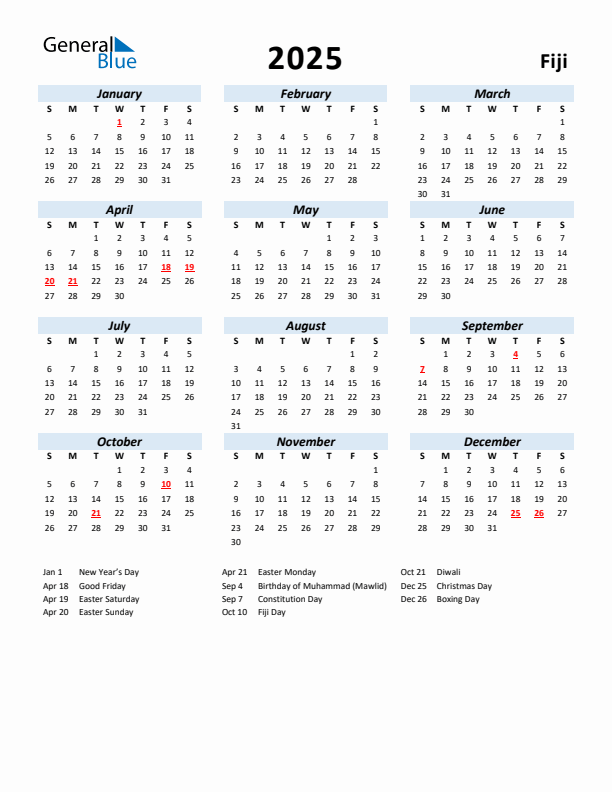 2025 Calendar for Fiji with Holidays