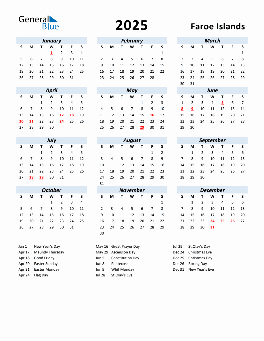 2025 Yearly Calendar for Faroe Islands with Holidays