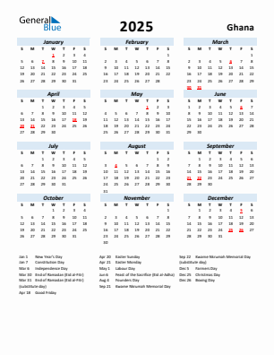 Ghana current year calendar 2025 with holidays